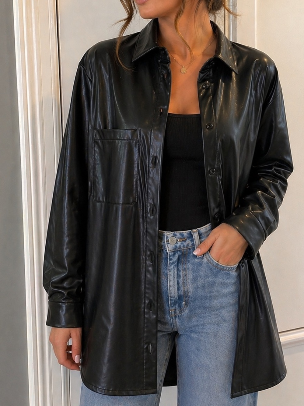 Sky to Moon faux leather button-down shirt Size Small Oversized